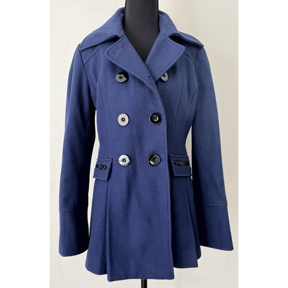Vintage 90s Moda Intl Military Wool Blend Pea Coat Blue Double Breasted Capsule